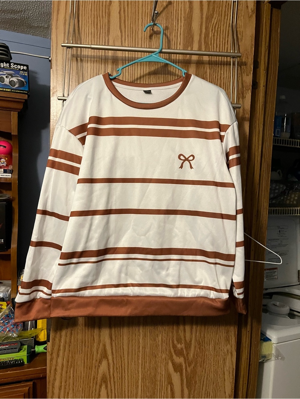 Striped Crewneck Sweater with Bow Detail in White and Brown